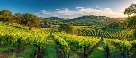 The serene vineyard landscape showcasing lush green grape fields at sunset.