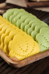 Handmade Ruffled Colorful Cookies Two Color Varieties Yellow Green Decorative Buns Wooden Tray Display