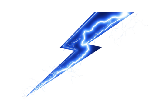 Illustration of a bright blue lightning bolt with electrical energy crackling within, isolated on a transparent background on transparent background