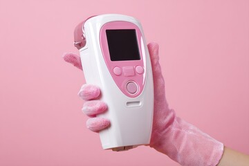 Hand in pink glove holds a white electric device with pink accents, against a pink background