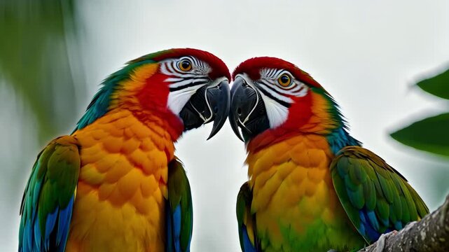 Two colorful parrots perched closely, illuminated by soft warm lighting, showcasing vibrant feathers and a close bond. 4k Video footage