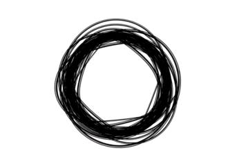 Illustration of a rough, handdrawn black circular shape with a textured, layered appearance, isolated on a transparent background on transparent background