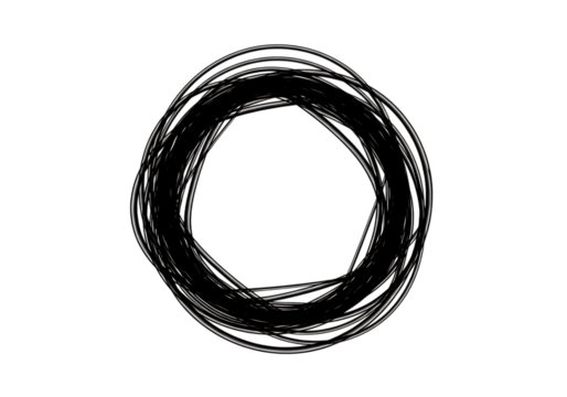 Illustration of a rough, handdrawn black circular shape with a textured, layered appearance, isolated on a transparent background on transparent background