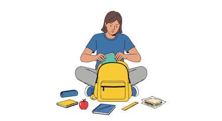Student preparing for school by packing a vibrant yellow backpack with essential school supplies, embodying enthusiasm and anticipation for learning