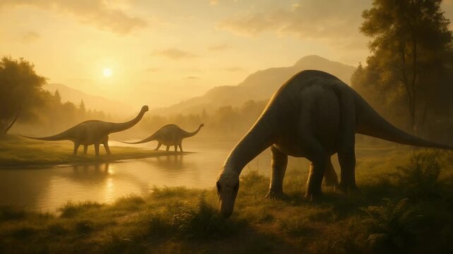 Long-necked sauropod dinosaurs by a river at sunset, with trees and mountains in warm golden light.