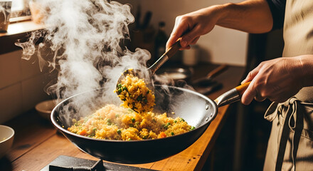 Chef's hands stirring hot, steaming fried rice with colorful vegetables in a wok, showcasing fresh and delicious home cooking in a warm kitchen.