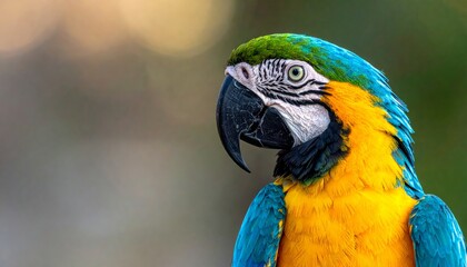A bright blue and gold macaw with a powerful beak and bright yellow feathers is a colorful tropical bird