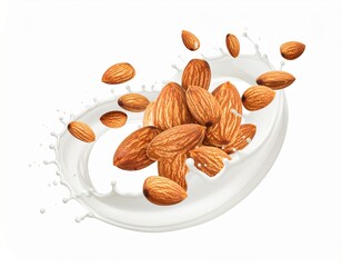 Fresh natural almond milk splash swirl with almonds isolated. Healthy splashing almonds milk or milkshake, almond seeds, yogurt splash. 