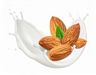 Fresh natural almond milk splash swirl with almonds isolated. Healthy splashing almonds milk or milkshake, almond seeds, yogurt splash. 