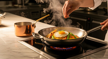 Chef's Hand Sprinkles Seasoning on Freshly Cooked Steaming Fried Rice with Prawns and Fried Egg in a Hot Pan on a Modern Kitchen Stove