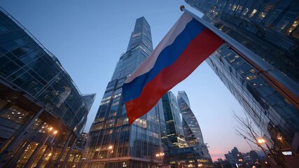 Dramatic low-angle shot of the Russian flag waving in front of modern skyscrapers at dusk, showcasing urban architecture and vibrant city lights. - Powered by Adobe