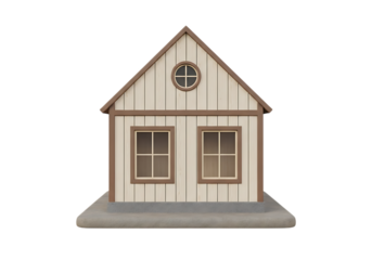Illustration of a charming small wooden house with two windows and a round attic window, isolated on transparent background on transparent background