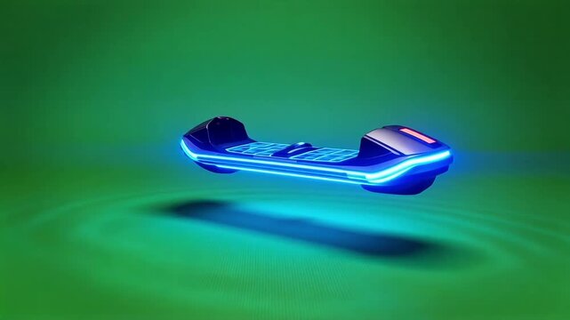 Futuristic glowing hoverboard floats above a ripple effect on a green background.