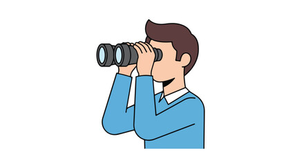 Cartoon character using binoculars for observation or exploration vector illustration