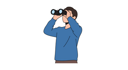 Man with Binoculars Looking Upward, Seeking Distance View, Exploring New Horizons, or Observing Wildlife in Nature, Illustrated on Isolated White