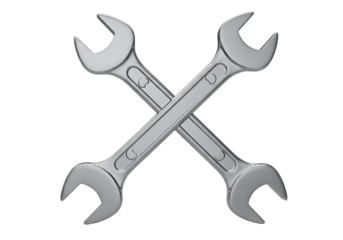 Illustration of two silver wrenches crossed over each other, symbolizing repair and mechanics, isolated on transparent background on transparent background