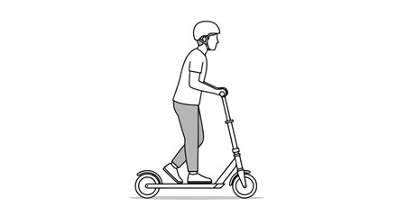 Line art depiction of person on scooter with helmet enjoying a modern urban lifestyle ride