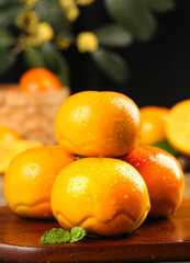 Fresh Orange Persimmons with Mint on Wood Table - Autumn Fruit Still Life Photography