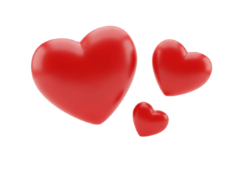 Illustration of three red hearts of different sizes, isolated on transparent background on transparent background
