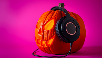 Creative Halloween pumpkin with glowing face and headphones on pink background Generative AI