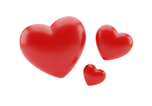 Illustration of three red hearts of different sizes, isolated on transparent background on transparent background