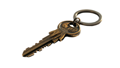 Antique-style key on a metal ring, angled view (1)