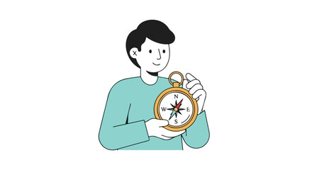 Character holding an ornate compass, illustration of navigation and exploration, adventure and guidance conceptual image