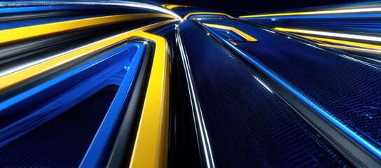 Dynamic perspective of glossy blue and yellow lines converging, creating a sense of depth and direction with a dark, textured background