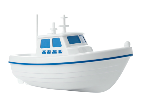 White toy boat, side view, simple design, blue accents - Powered by Adobe