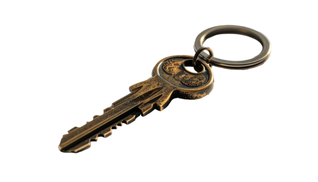 Antique-style key on a metal ring, angled view (1)