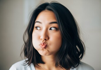 Asian woman playfully puffing cheeks in spontaneous portrait