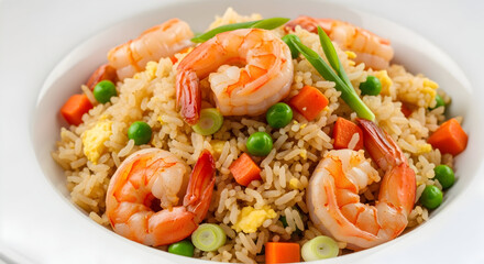 Appetizing Shrimp Fried Rice with Scrambled Egg, Peas, and Carrots in a White Bowl, Ready to Eat