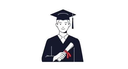 Illustration of a young man celebrating graduation in cap and gown, achieving educational milestones, and future career prospect