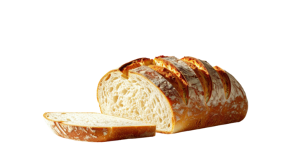 Sliced loaf of crusty bread, light beige interior, golden brown crust, angled presentation
