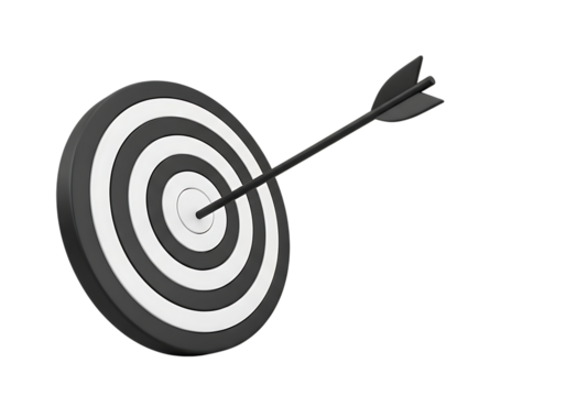 Illustration of an arrow hitting the bullseye of a target, isolated on transparent background on transparent background