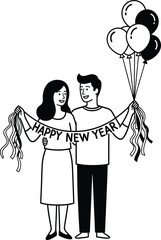 Couple celebrates new year with balloons and banner in black and white on transparent background