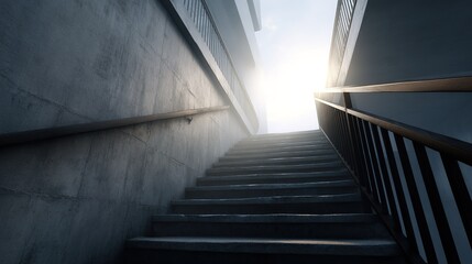 Fototapeta premium Concrete staircase with wooden handrail leading upwards toward bright sunlight and sky