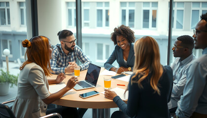 Group of diverse professionals collaborating on a project in a bright office space during daytime Generative AI