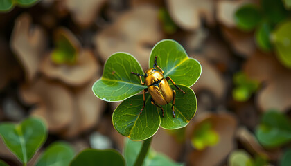 Golden beetle resting on a clover leaf surrounded by foliage during a sunny day in a garden Generative AI