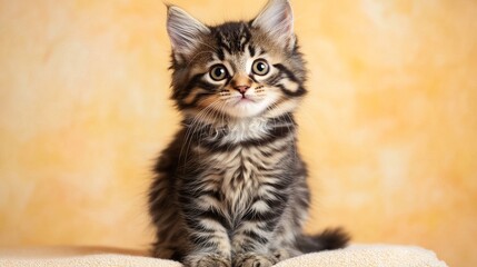 Obraz premium Adorable fluffy tabby kitten with wide innocent eyes gazes attentively against a warm textured background, perfect for pet lovers.