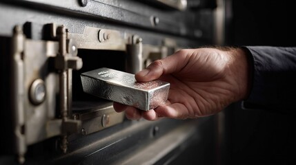 Hand holding  shiny silver bullion bar placing it into  old metal vault