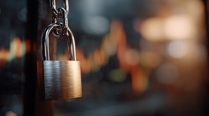 Close up of silver padlock and chain against blurred background of stock market trading charts showing red and green graphs