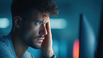 Young man with pessimistic face focused on computer screen showing stress and fatigue working late at night in dim light