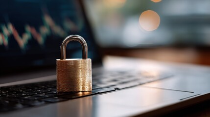 golden padlock rests on  laptop keyboard with  blurred stock market graph displayed on  screen