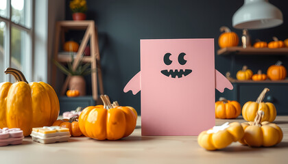 Cute pink ghost decoration surrounded by small pumpkins for autumn celebration in cozy indoor setting Generative AI