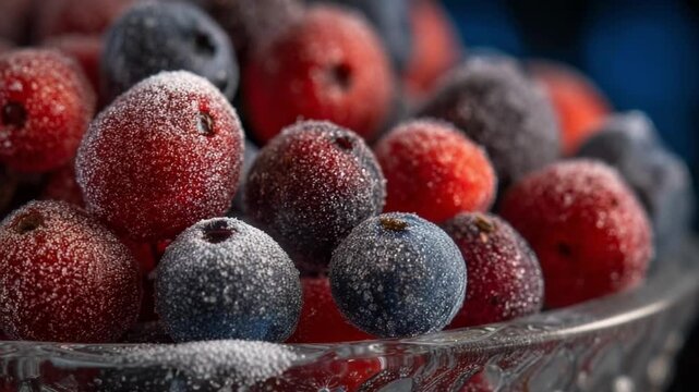 Frozen blueberries and cranberries covered in frost in a glass bowl.