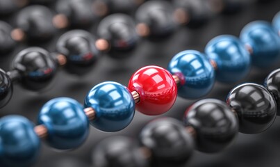 A tightly aligned composition of dark, blue, and striking red metallic spheres strung together in rows with soft focus and shallow depth of field