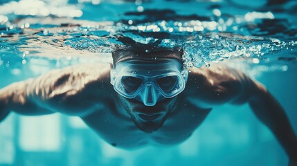 Man swimming underwater with goggles in a clear blue swimming pool water