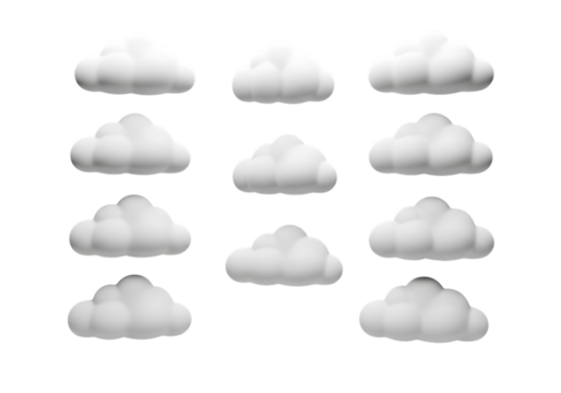 Illustration of collection of fluffy white cartoon clouds in various sizes, isolated on transparent background on transparent background