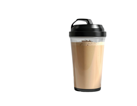Clear shaker with light brown drink and black lid